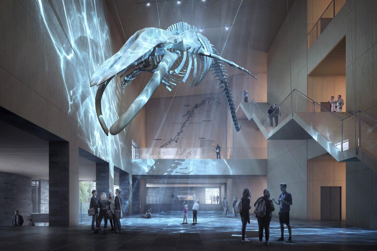 illustrasjon av et stort innvendig rom med en del mennesker. fra taket henger et enormt hvalskjelett